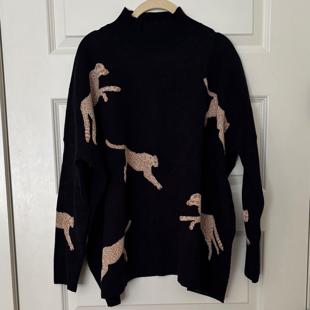 Entro Black Sweater with Tan Leopard Design
